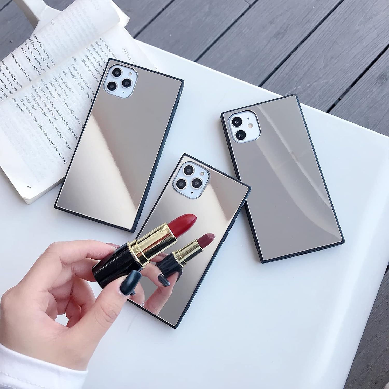 aowner Funda cuadrada para iPhone 15 Pro Mirror Case para mujeres y niñas, maquillaje lindo cristal brillante espejo trasero a prueba de golpes de