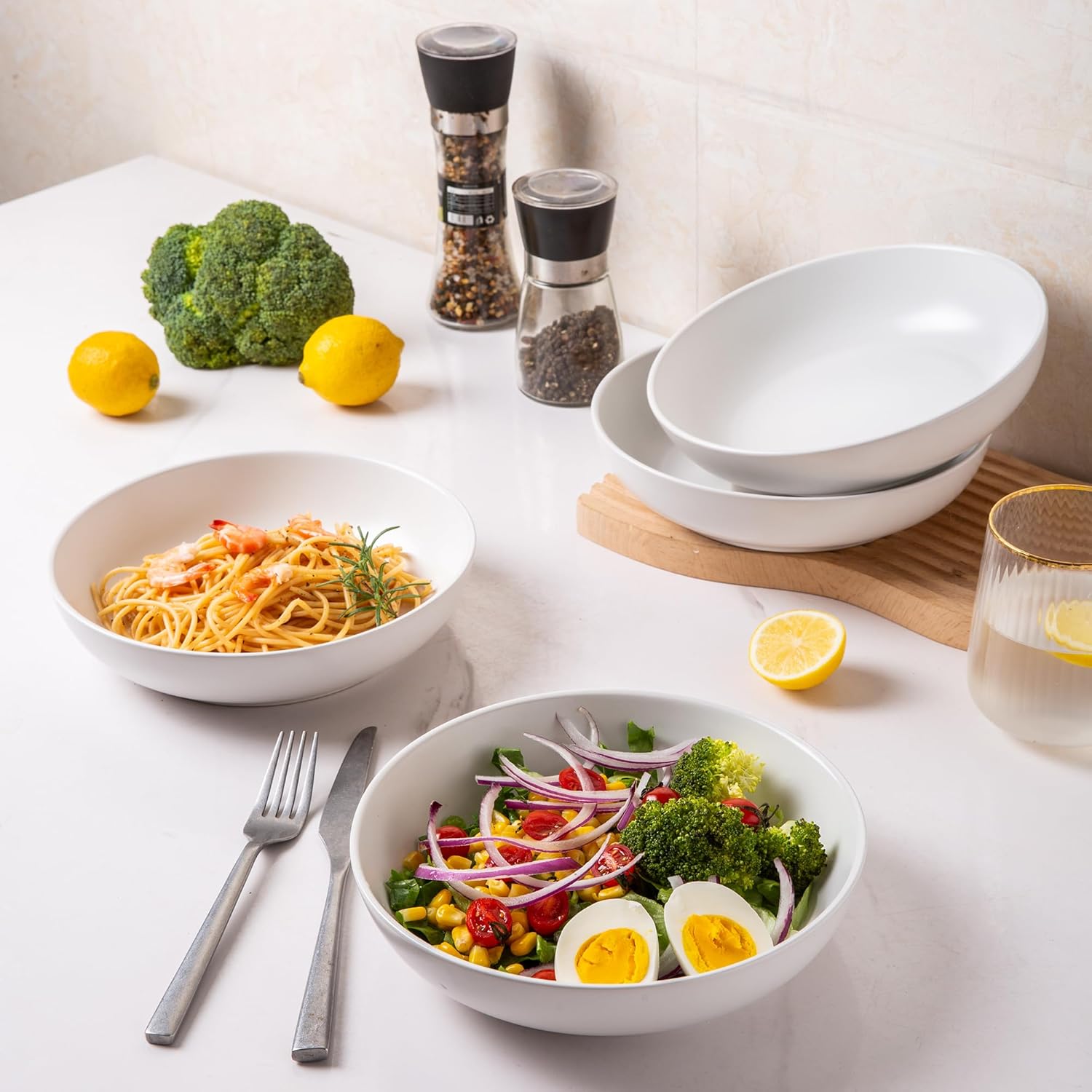 AmorArc Juego de 6 cuencos de cerámica para pasta de 8.5 pulgadas, cuencos grandes de 32 onzas para cocina, cuencos anchos para pasta, ensalada,