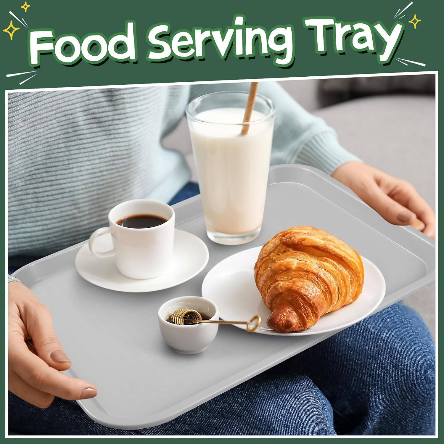 Mifoci 24 bandejas de plástico para comida rápida, color gris, 14 x 11 pulgadas, rectangular, antideslizante, fácil de limpiar, ideal para