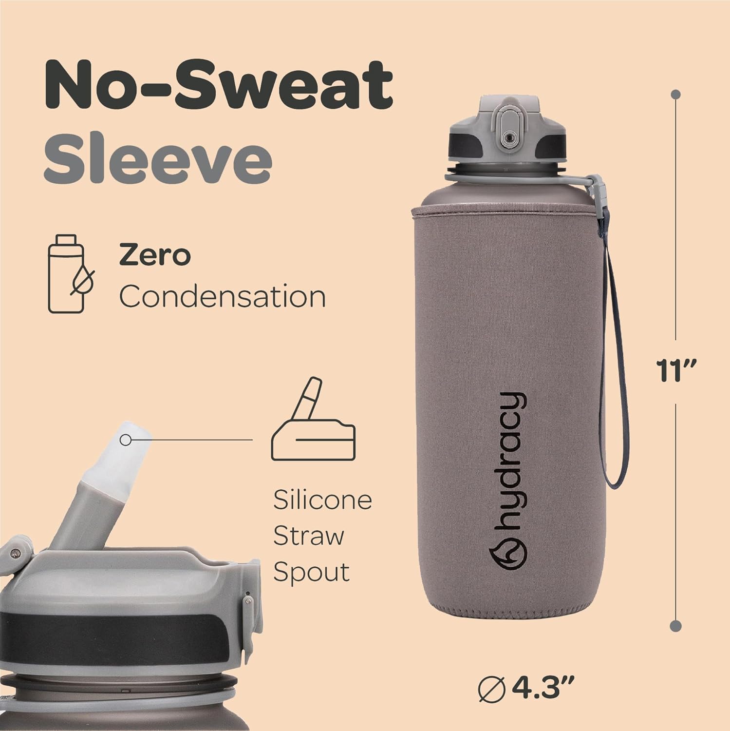 Hydracy Botella de agua con marcador de tiempo, botella de agua grande sin BPA y funda sin sudor, botella de gimnasio a prueba de fugas con infusor