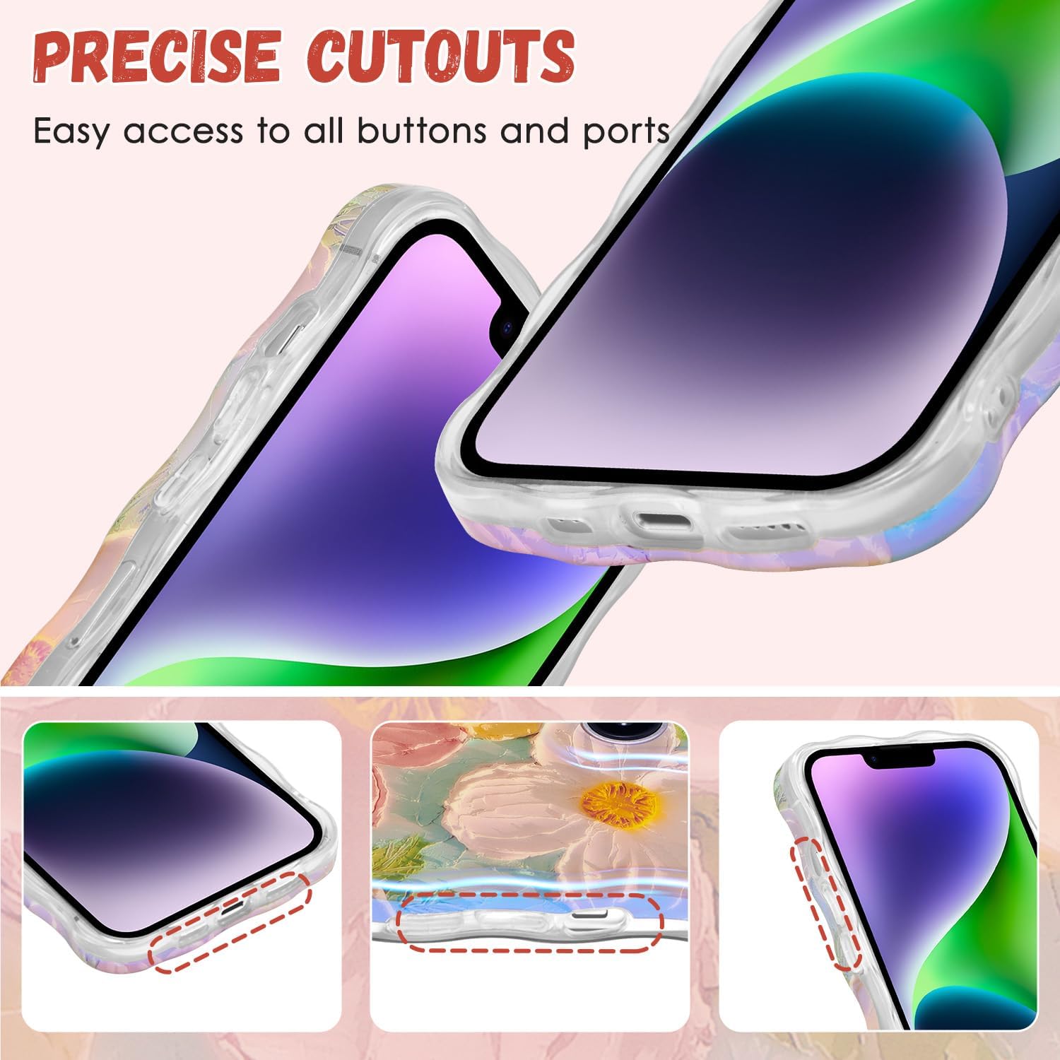 QLTYPRI Funda para iPhone 13, colorido láser retro pintura al óleo patrón de flores, lindo marco de onda rizada, exquisita funda para teléfono para