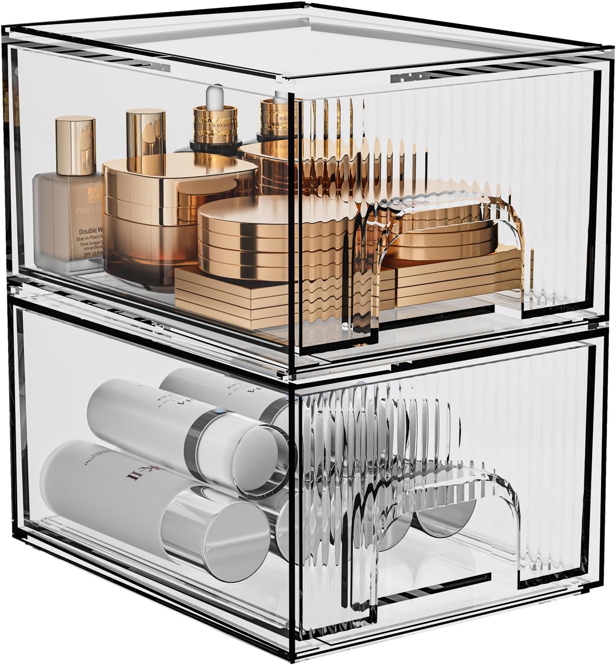 ZHIAI Juego de 2 cajones organizadores de maquillaje apilables a rayas, organizador de baño de plástico, caja de almacenamiento de cosméticos para