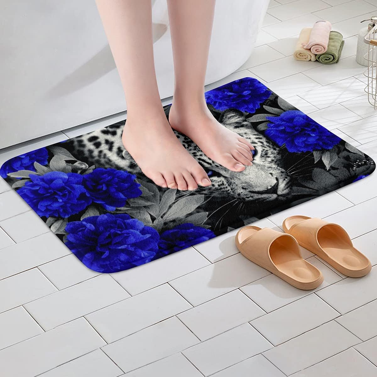 Alfombra de baño 3D con estampado de leopardo y rosa azul para niños, animales de safari africanos, tapete de cocina, novedoso tapete de cocina con