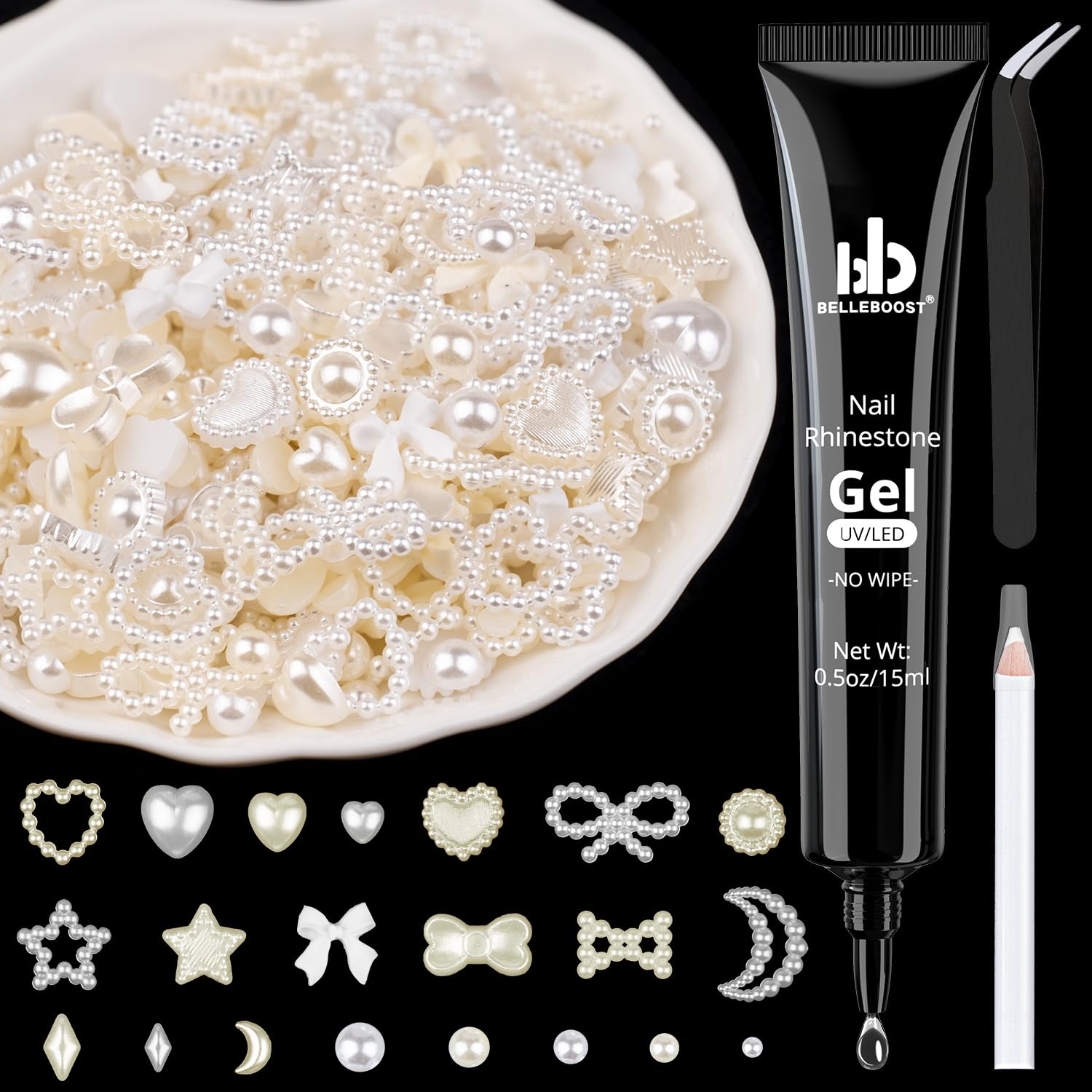 1200 dijes de uñas multiformas 3D y perlas de parte trasera plana, estilos mixtos de blanco y beige, adornos de corazón y estrella, arco de girasol