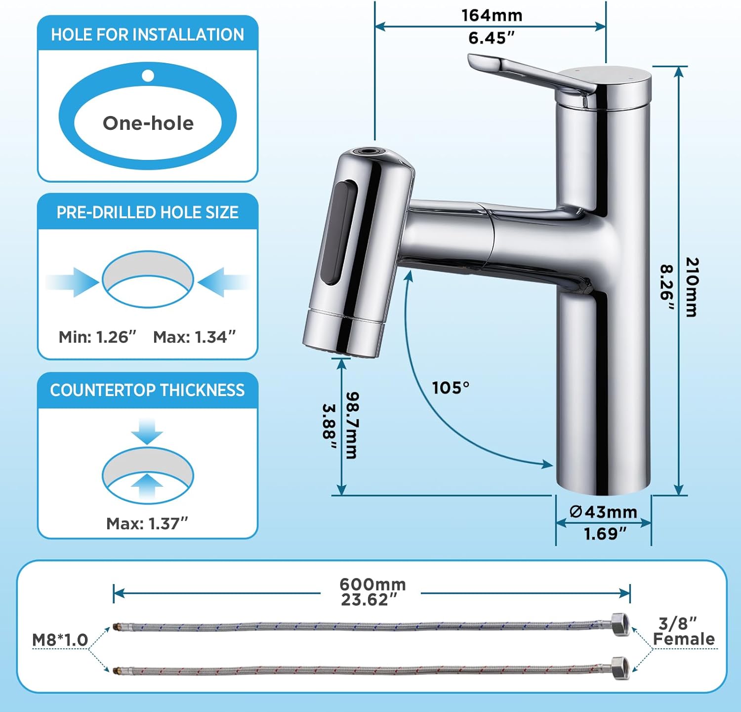 Grifo de baño con rociador extraíble, grifo de lavabo de baño de un solo agujero, cromado de una sola manija, grifo de tocador con boquilla