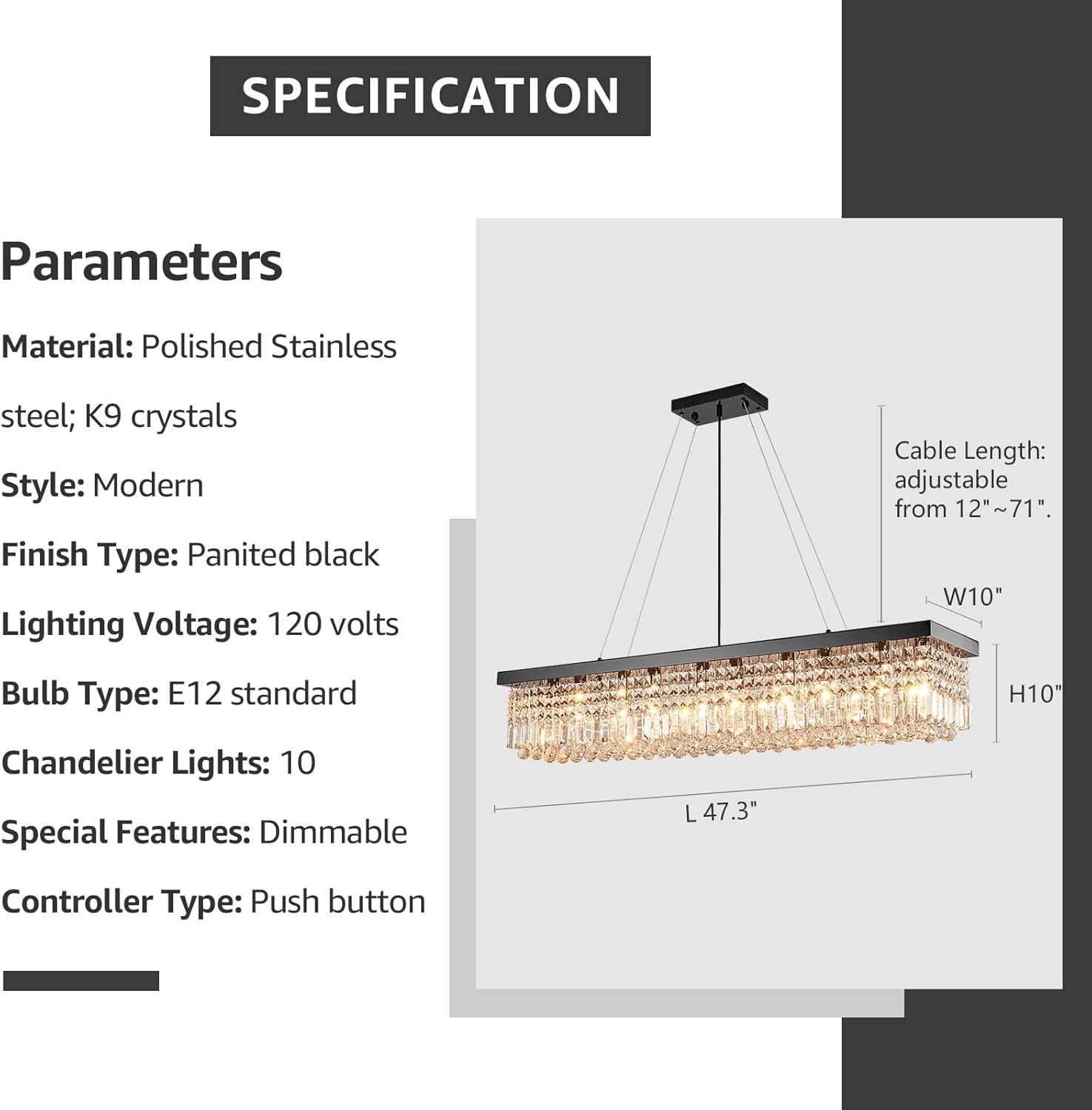 Moooni Lámpara rectangular para comedor, moderna lámpara rectangular de cristal negro para comedor, 10 luces, lámpara de araña de cristal ajustable