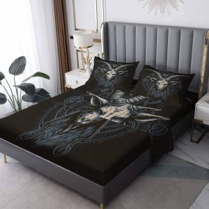 THYUNQ Sábanas góticas tamaño individual, sábanas y fundas de almohada con patrón de baphomet demonio, bolsillo profundo de 16 pulgadas, juego de THYUNQ Sábanas góticas tamaño individual, sábanas y fundas de almohada con patrón de baphomet demonio, bolsillo profundo de 16 pulgadas, juego de