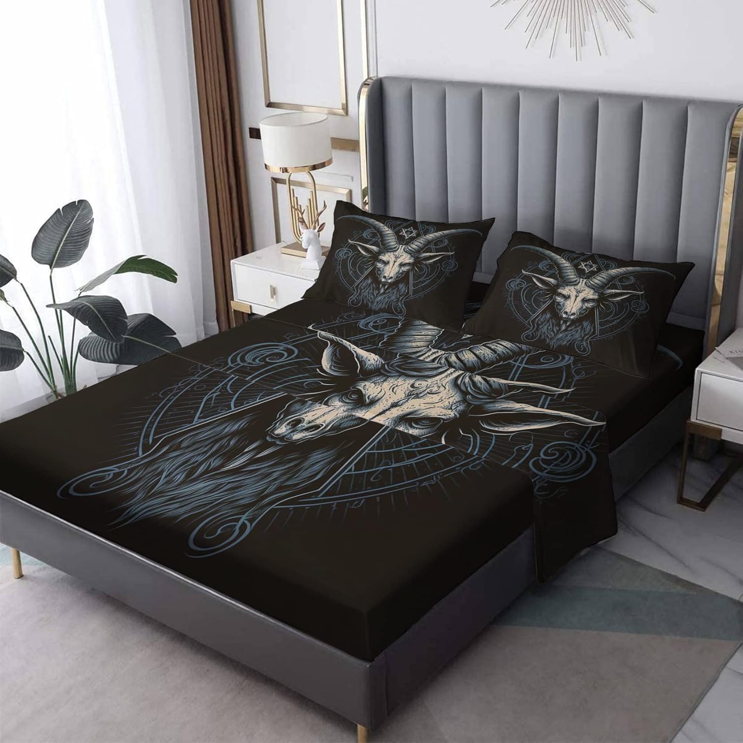 THYUNQ Sábanas góticas tamaño individual, sábanas y fundas de almohada con patrón de baphomet demonio, bolsillo profundo de 16 pulgadas, juego de
