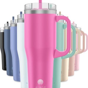 ALBOR Vaso de 40 oz con tapa y popote, vaso aislado de acero inoxidable duradero con asa, a prueba de fugas, botellas de agua a prueba de derrames ALBOR Vaso de 40 oz con tapa y popote, vaso aislado de acero inoxidable duradero con asa, a prueba de fugas, botellas de agua a prueba de derrames