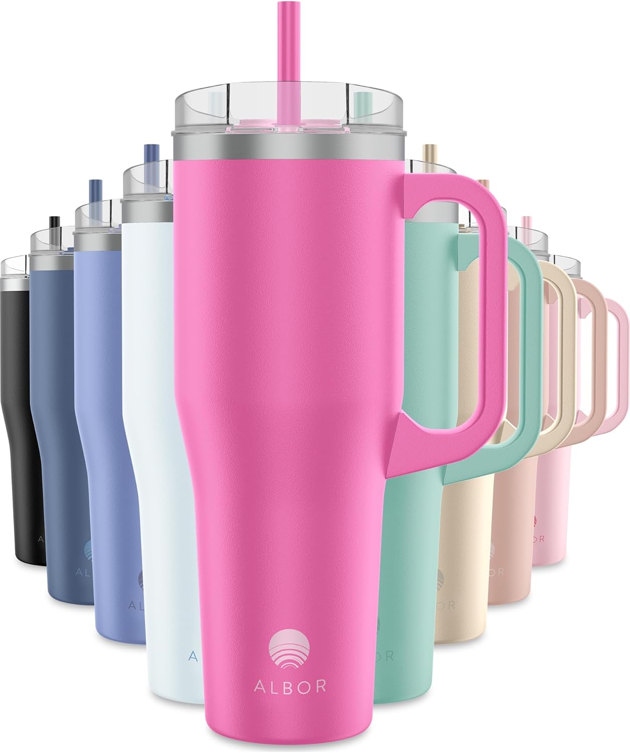 ALBOR Vaso de 40 oz con tapa y popote, vaso aislado de acero inoxidable duradero con asa, a prueba de fugas, botellas de agua a prueba de derrames