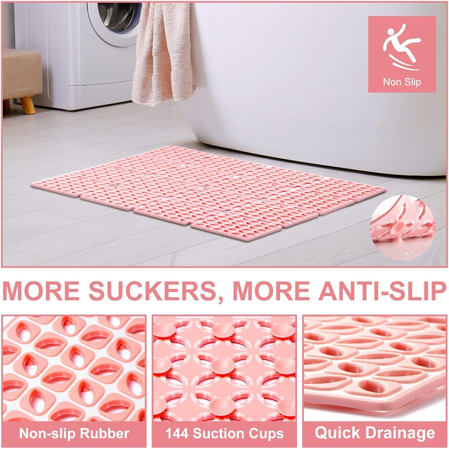Tapete de ducha antideslizante, 24 x 24 pulgadas, tapete cuadrado antideslizante para ducha interior con orificios de drenaje, ventosas, drenaje