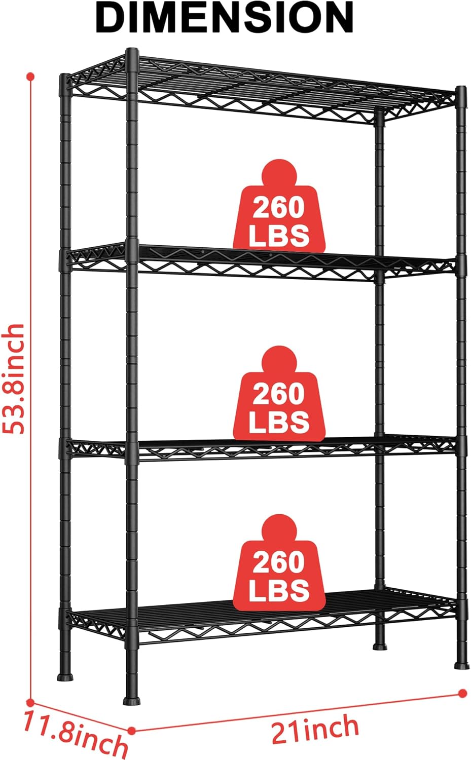 Estantería de 4 alambres de 14 pulgadas de largo x 36.2 pulgadas de ancho x 53.5 pulgadas de alto (4 niveles), estante de almacenamiento de metal