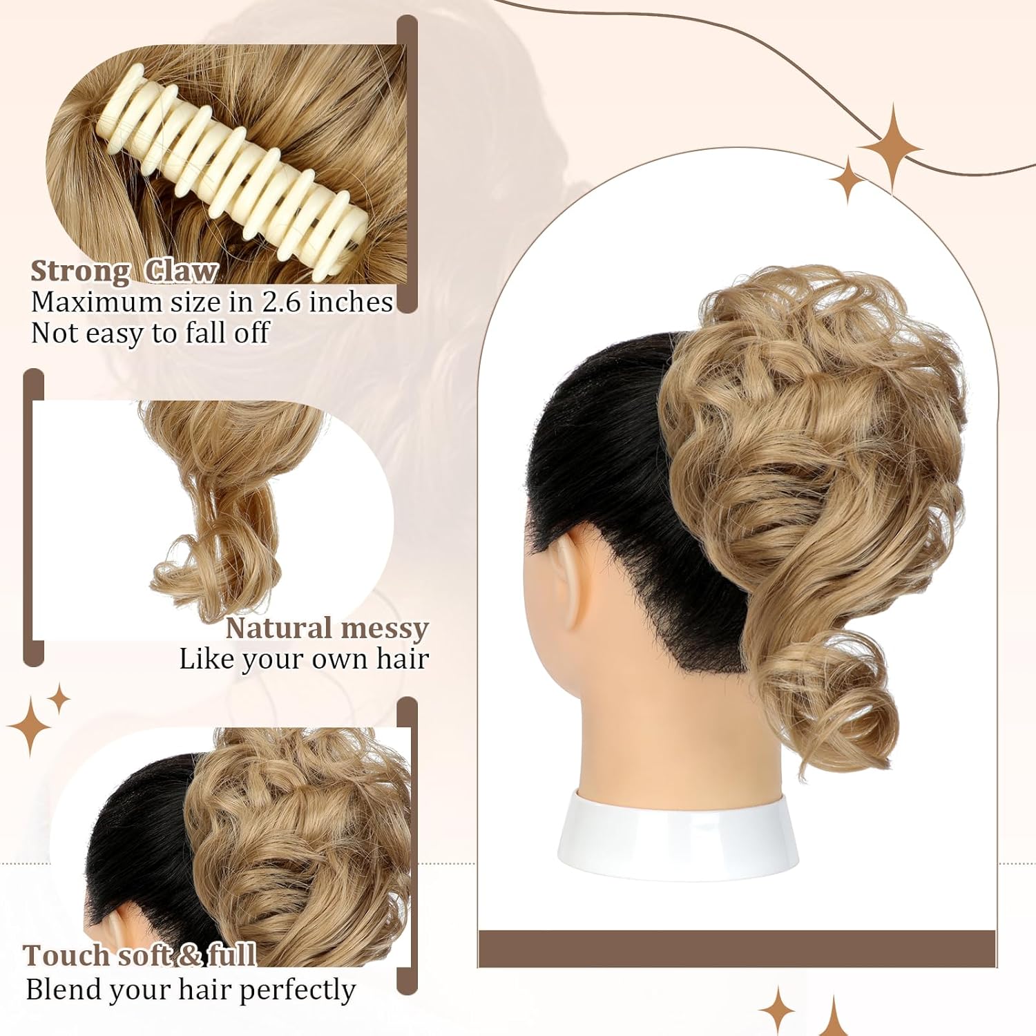Wodelanle Moño de pelo desordenado con clip de garra para mujer, ondulado, rizado, moños, clip de garra, extensiones de cabello despeinado para uso