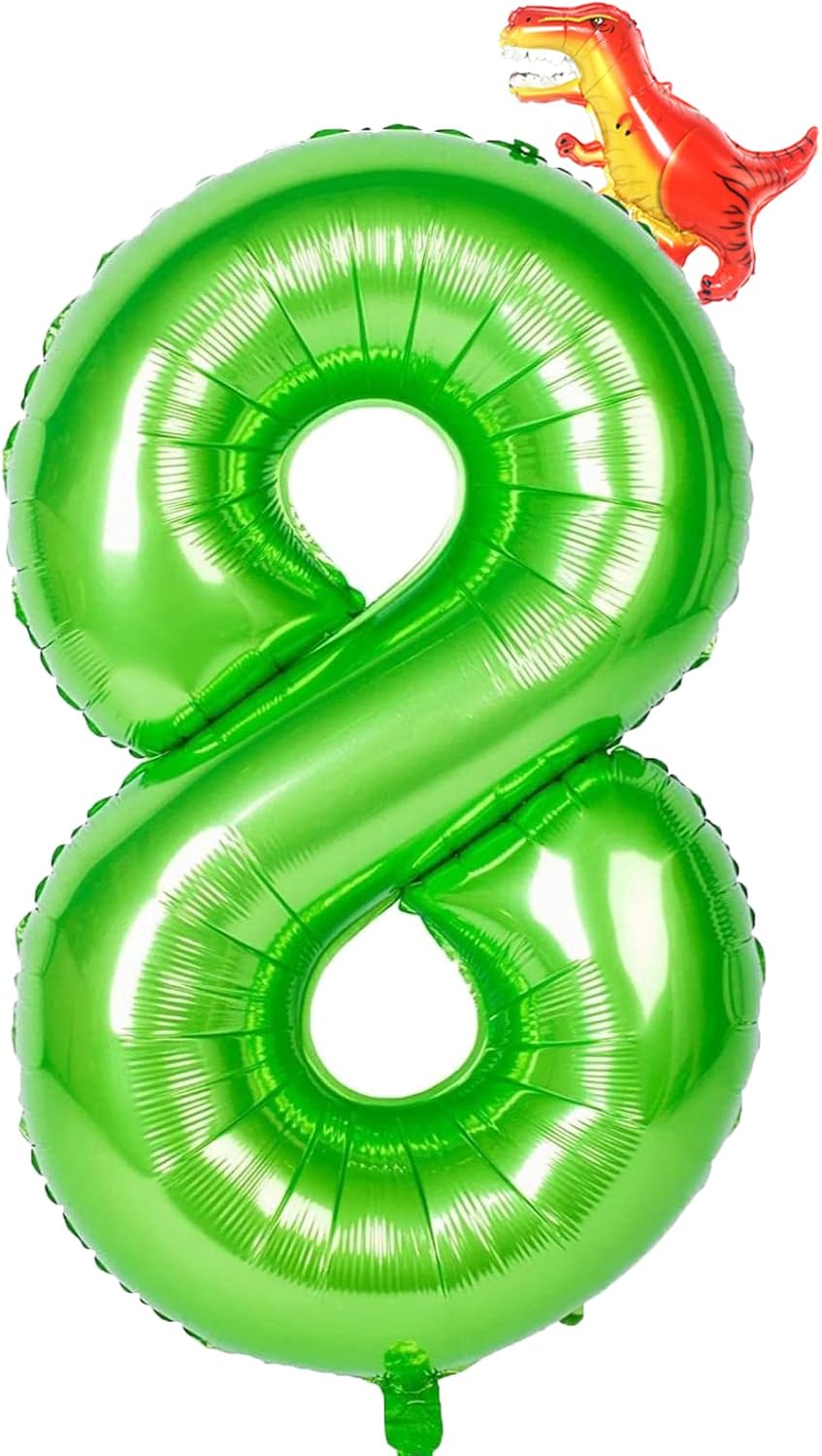 Globos de dinosaurio verde número 8 de 40 pulgadas, globos de cumpleaños número 8 para niños, suministros de fiesta de dinosaurios de 8 cumpleaños,