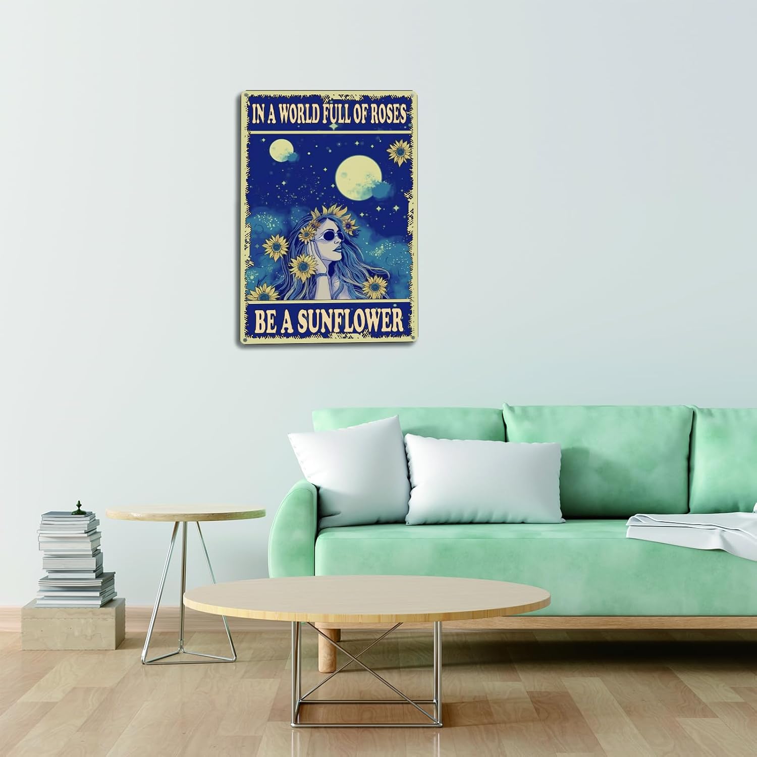 Cartel inspirador de girasol con texto en inglés “In A World Full of Roses Be A Sunflower” (En un mundo lleno de rosas, sé un girasol), decoración
