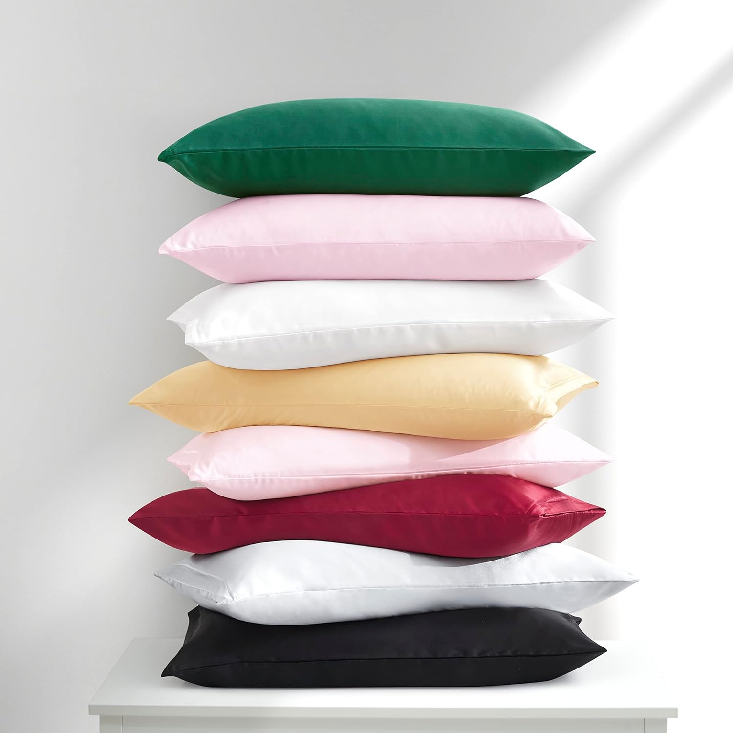 Fundas de almohada de satén con cremallera (20 x 26), juego de 2 fundas de almohada de tamaño estándar, funda de almohada de seda negra para cabello
