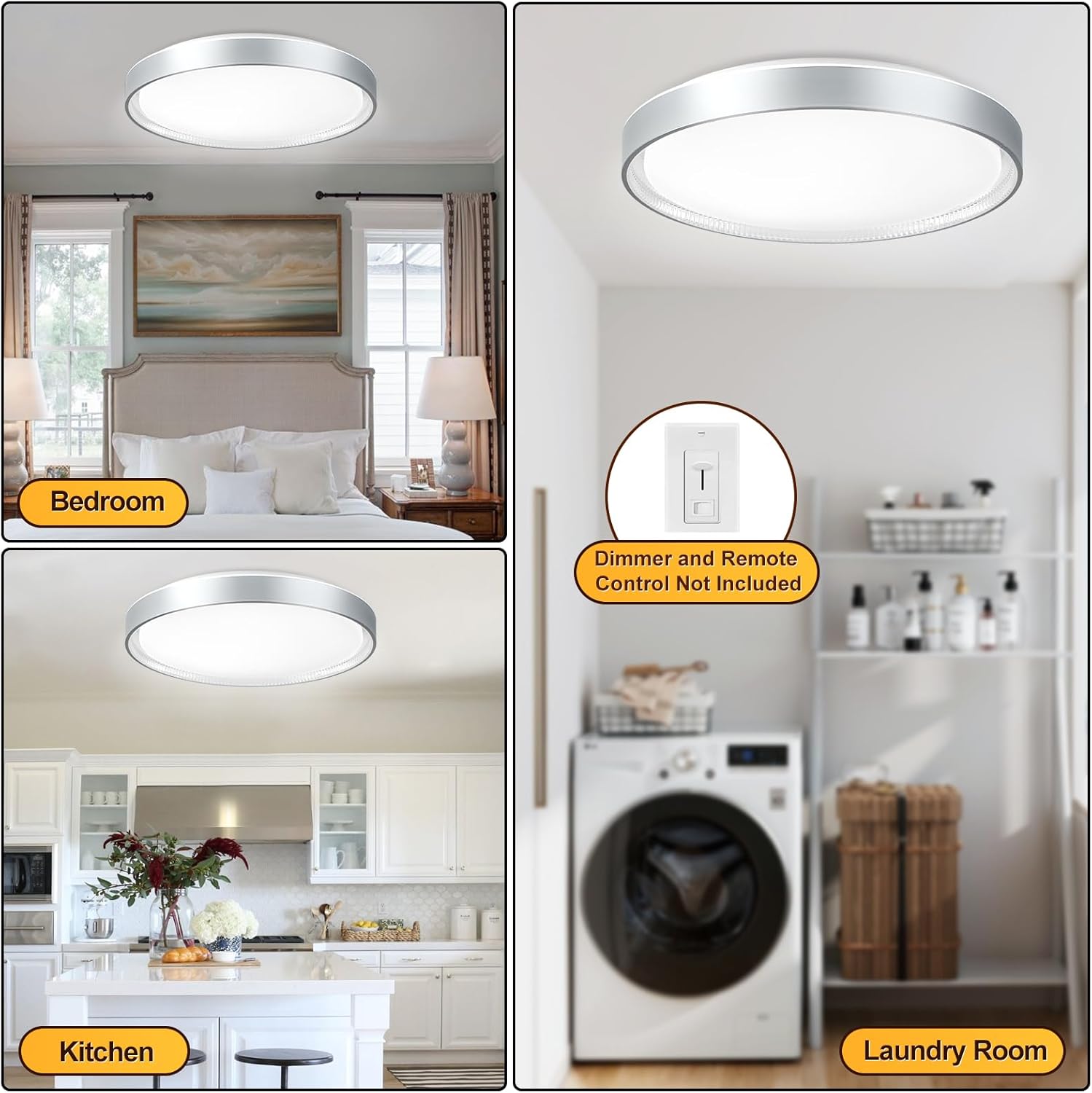DLLT – Lámpara de techo redonda de cristal de 45 W, moderna lámpara LED regulable cerca del techo, lámpara de techo plateada de 20 pulgadas para