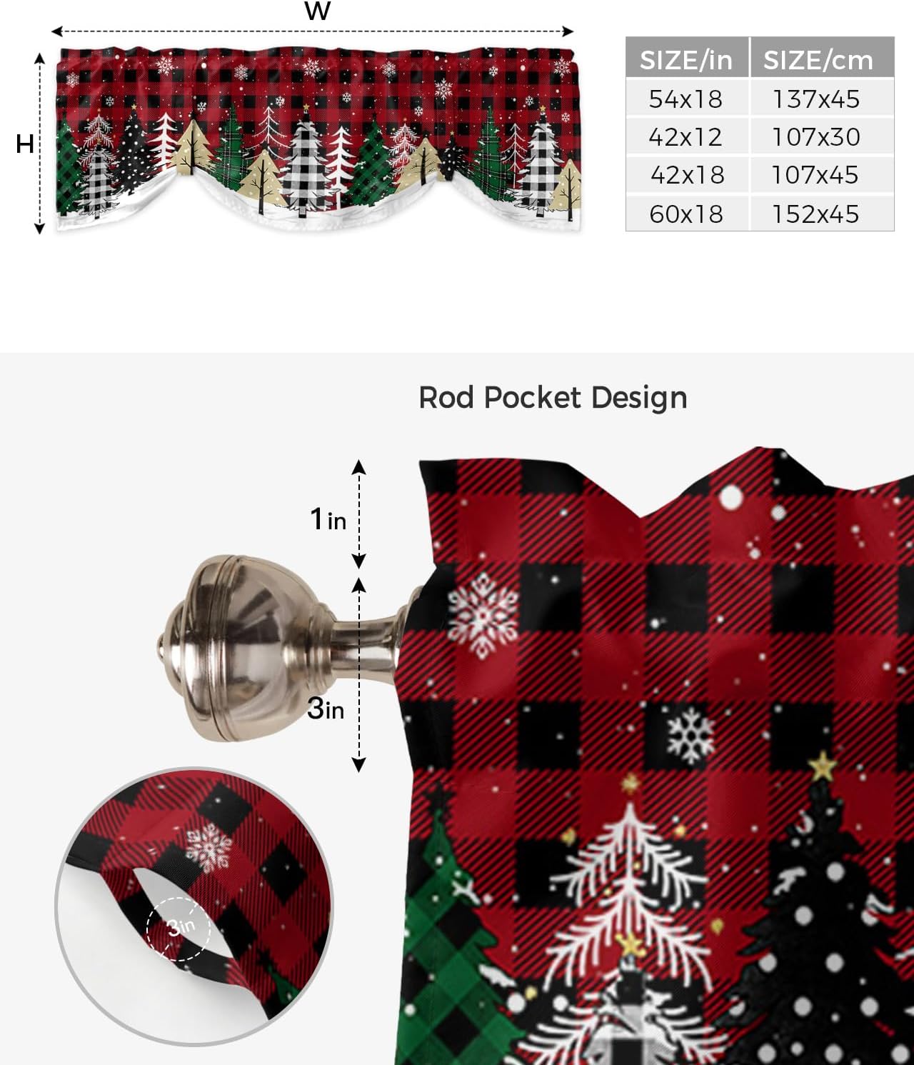 Gogobebe Cortinas de cenefa de amarre para ventana de cocina, diseño de búfalo verde, copos de nieve, color negro, rojo, a cuadros, con bolsillo