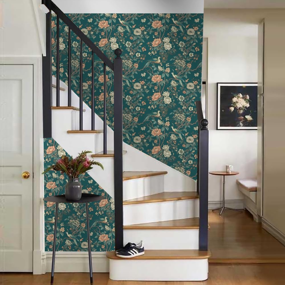 VistaPalette Papel tapiz autoadhesivo autoadhesivo de 18 x 236 pulgadas, diseño de flores, pájaros y grúas, papel de contacto extraíble, fácil de