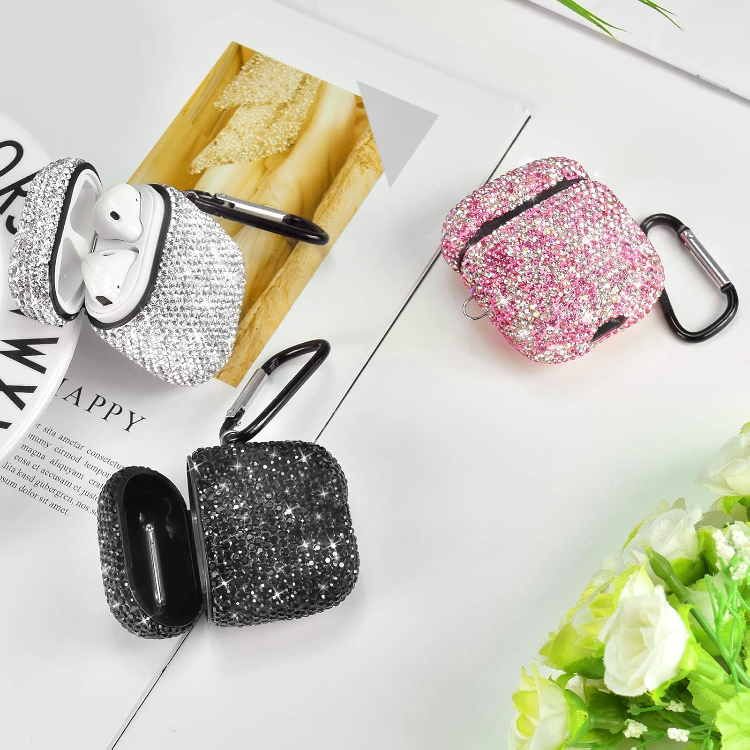 Funda para AirPods 1 y 2, llavero+correa antipérdida+ganchos para las orejas+soporte para correa de reloj, protector de cristal brillante con