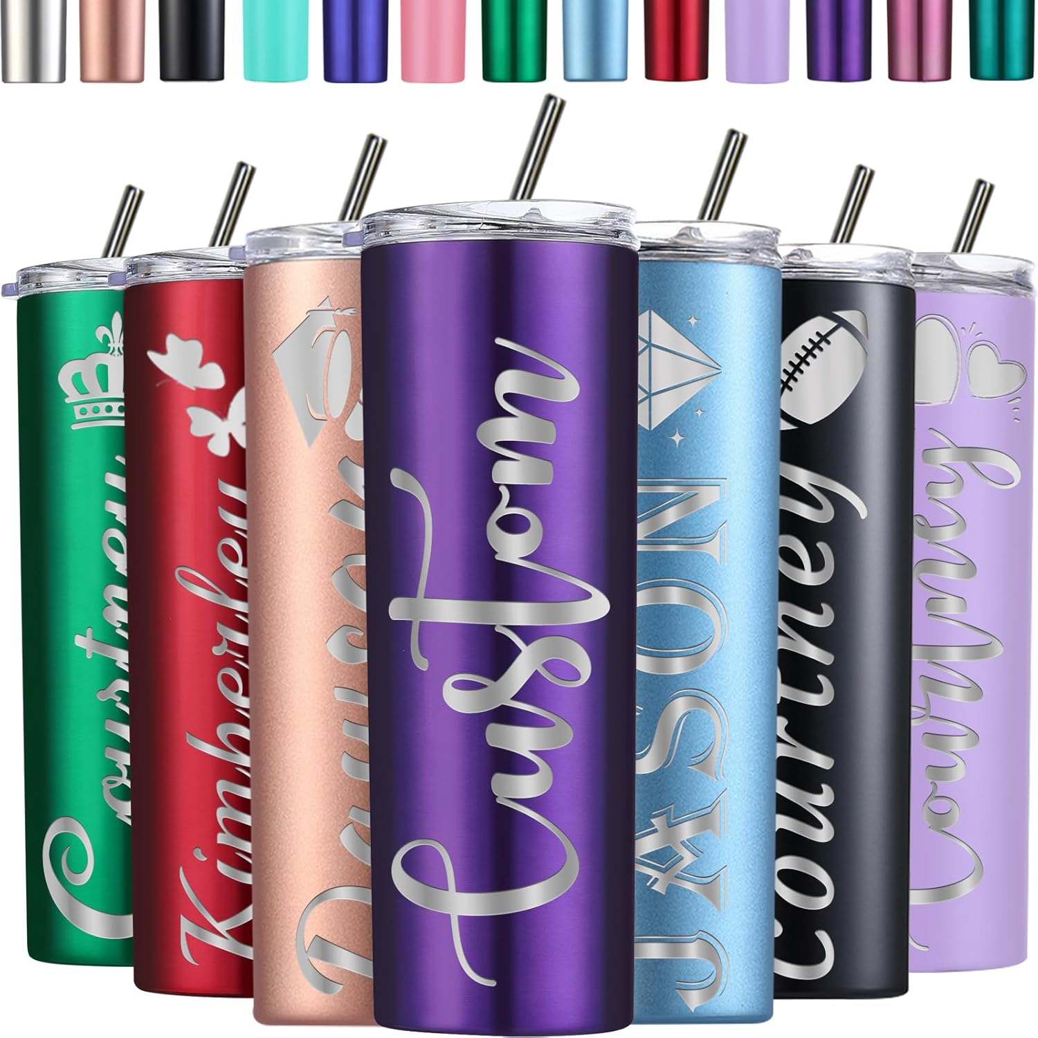 Vaso delgado personalizado de acero inoxidable de 20 onzas con nombres, tapas, pajitas, grabado personalizado, taza de café de viaje, regalos para