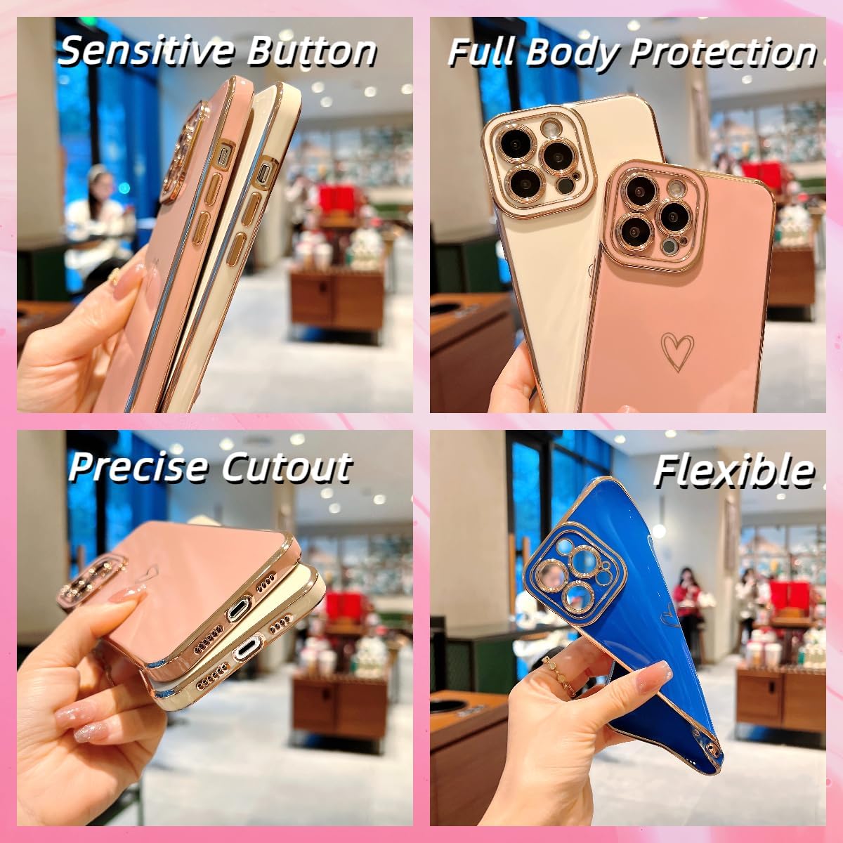 Funda compatible con iPhone 12 Pro Max para mujeres y niñas, estética, linda, de lujo, a la moda, diseño de corazón dorado, delgada de silicona, a