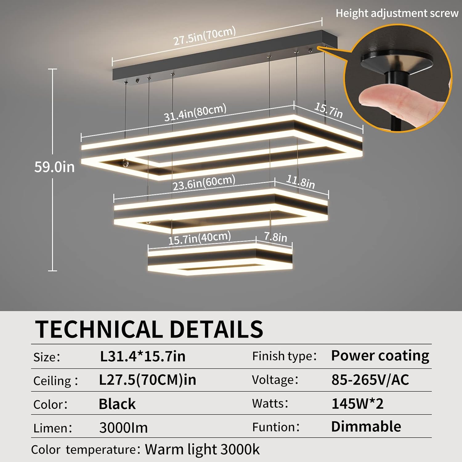 Lámpara colgante de techo moderna, lámpara LED con control remoto regulable de 3 modos de color y brillo, luces colgantes antiparpadeo, lámpara de