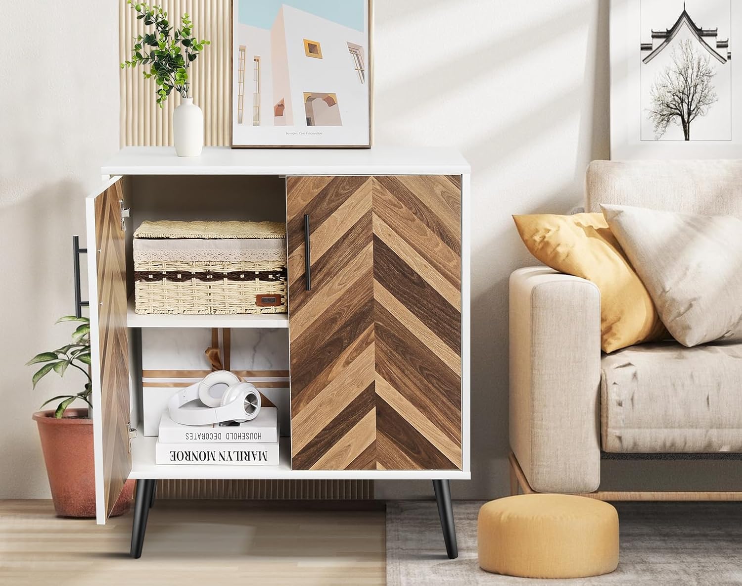 Likein Armario de almacenamiento moderno con 2 puertas, armario de acento blanco con almacenamiento, aparador de madera independiente con estantes