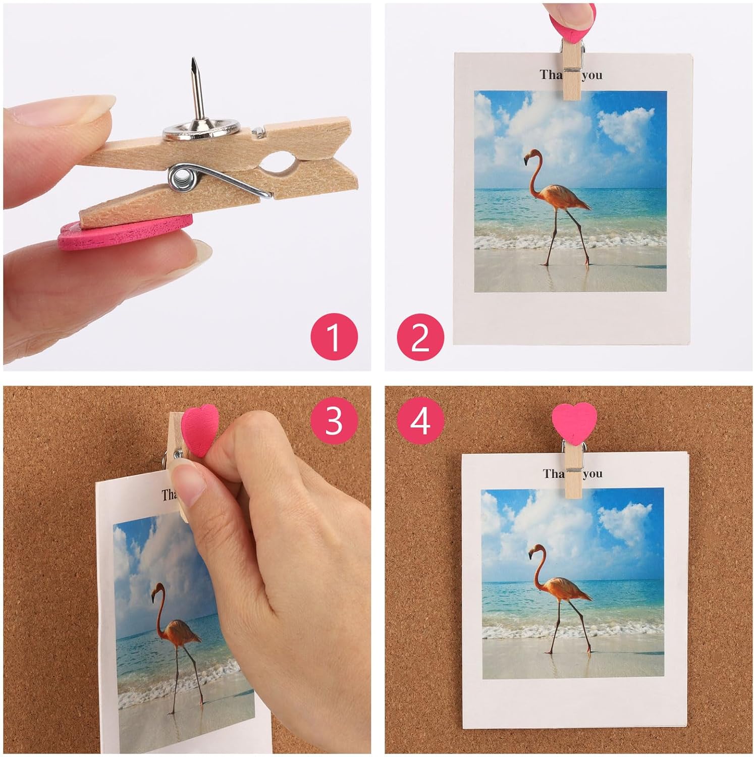 100 pines coloridos de corazón con clips de madera, alfileres decorativos, tachuelas para tablero de corcho, tablón de anuncios, notas de obras de