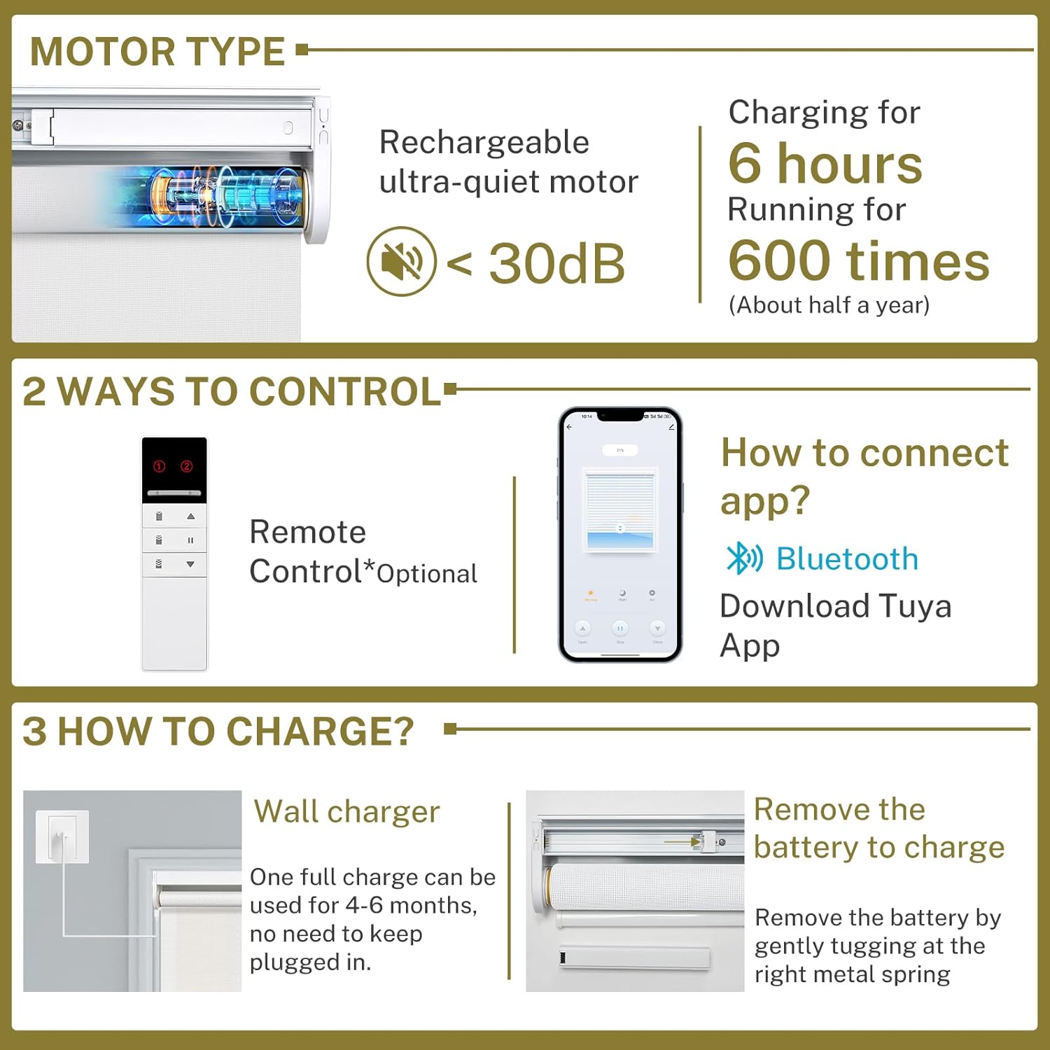 Persianas enrollables motorizadas opacas para ventanas de interior con batería extraíble y recargable, persianas automáticas, persianas inteligentes