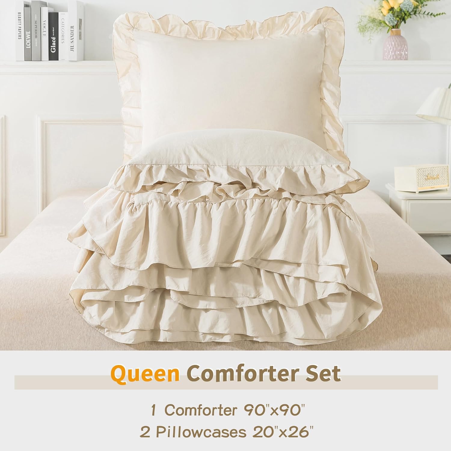 Andency Juego de edredón beige tamaño Queen, juego de edredón suave y ligero con volantes lisos, 3 piezas, para todas las estaciones, estilo rural,