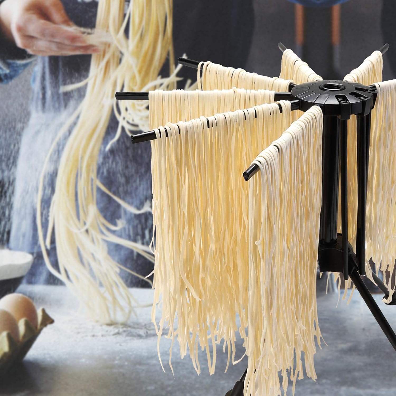 Ourokhome Estante de secado de pasta plegable, soporte de plástico para secadora de fideos con 10 asas de barra para espaguetis frescos caseros,
