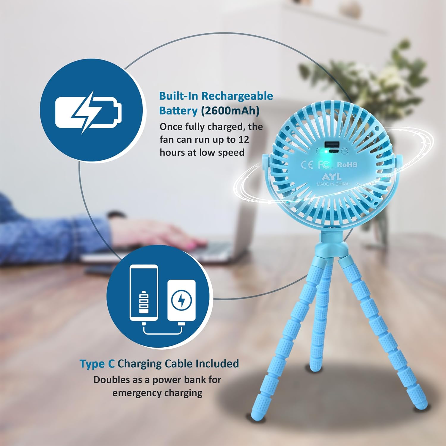 AYL Ventilador portátil que funciona con pilas, ventilador pequeño para cochecito con luces, recargable por USB, rotación de 360, trípode flexible