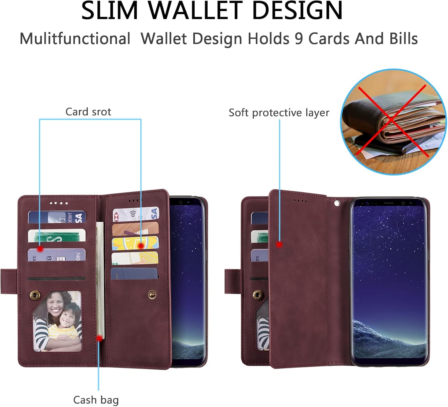 EYZUTAK Funda de teléfono tipo cartera para Samsung Galaxy S8, retro mate 9 ranuras para tarjetas, funda de bolsillo con cremallera, cierre