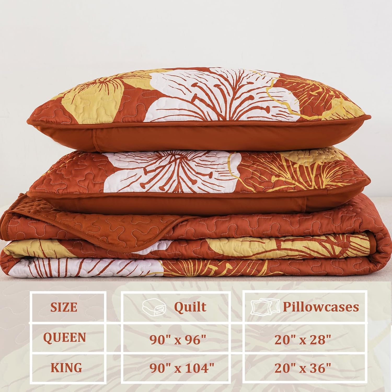 DJY Juego de edredón de terracota tamaño Queen, juego de edredón con patrón floral dorado, colcha floral bohemia con 2 fundas de almohada, elegante