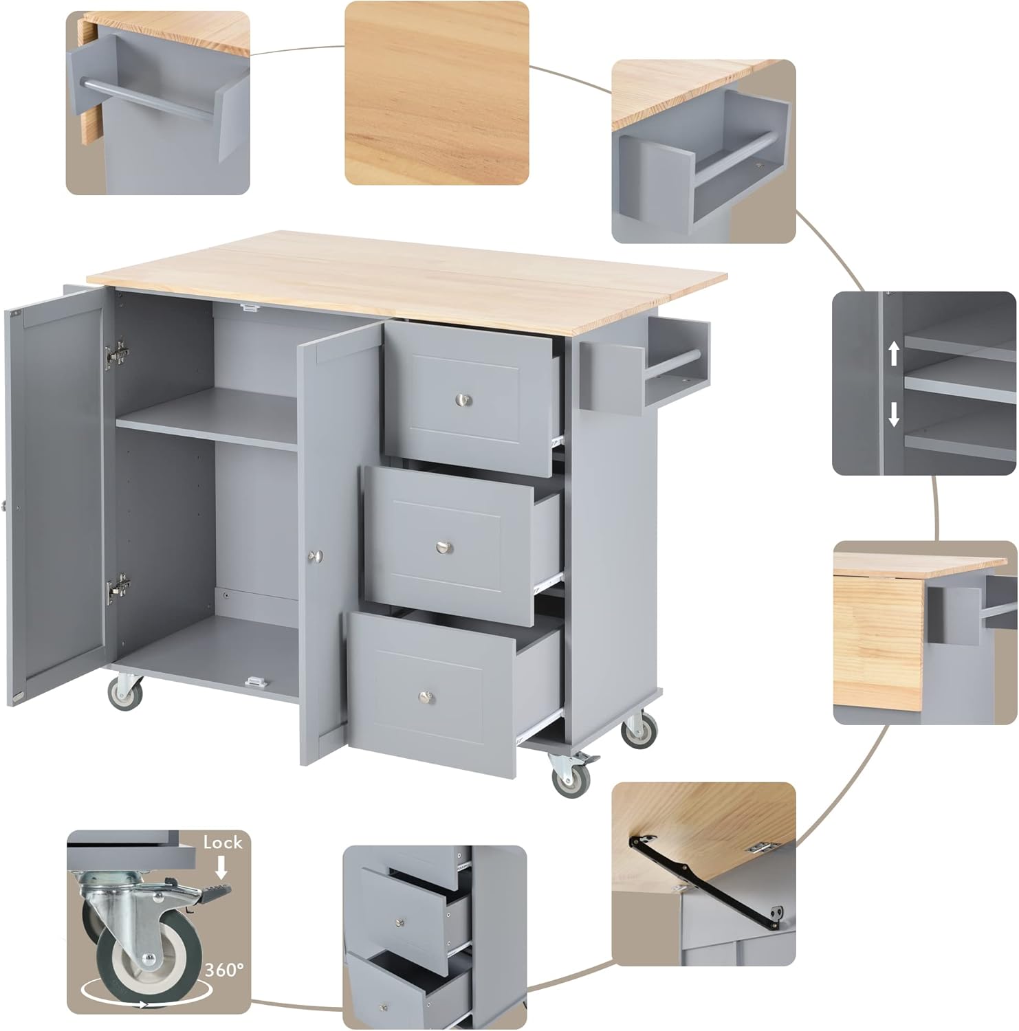 Isla de cocina rodante con parte superior de madera maciza y ruedas de bloqueo, carrito de cocina móvil con gabinete de almacenamiento y barra de
