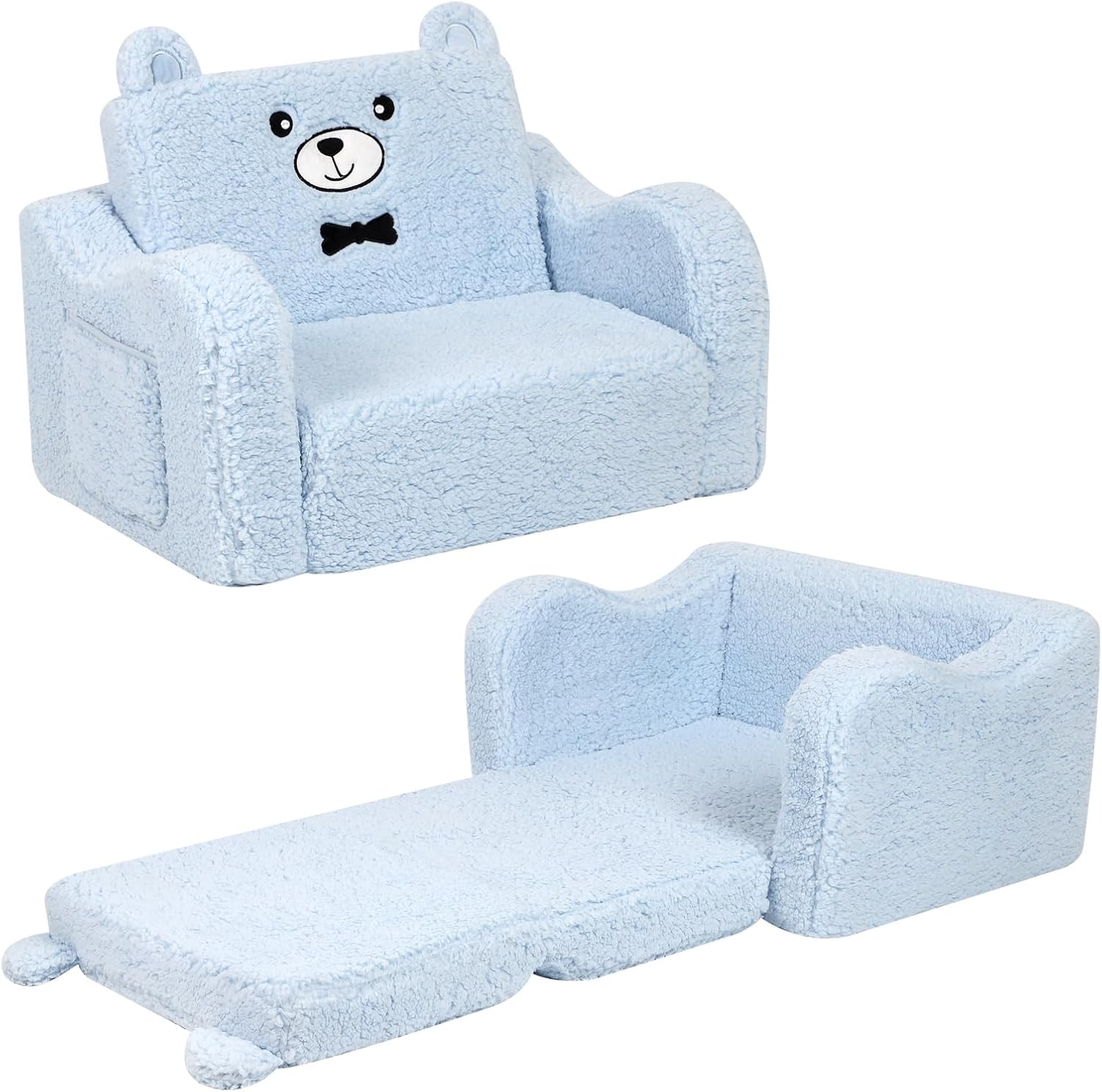 Sillas infantiles para niños pequeños, sofá de sherpa suave 2 en 1 plegable, sofá convertible a tumbona para niñas y niños, oso de peluche, color
