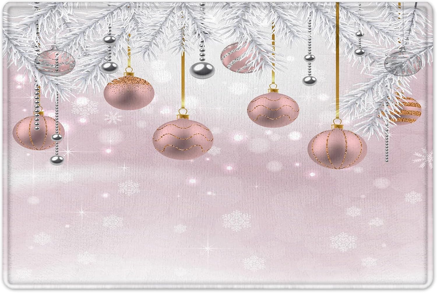 MEUNEAR Cortina de ducha de Navidad con tapete de baño, bolas de Navidad rosas y plateadas, juego de cortina de ducha de rama de abeto con cortina