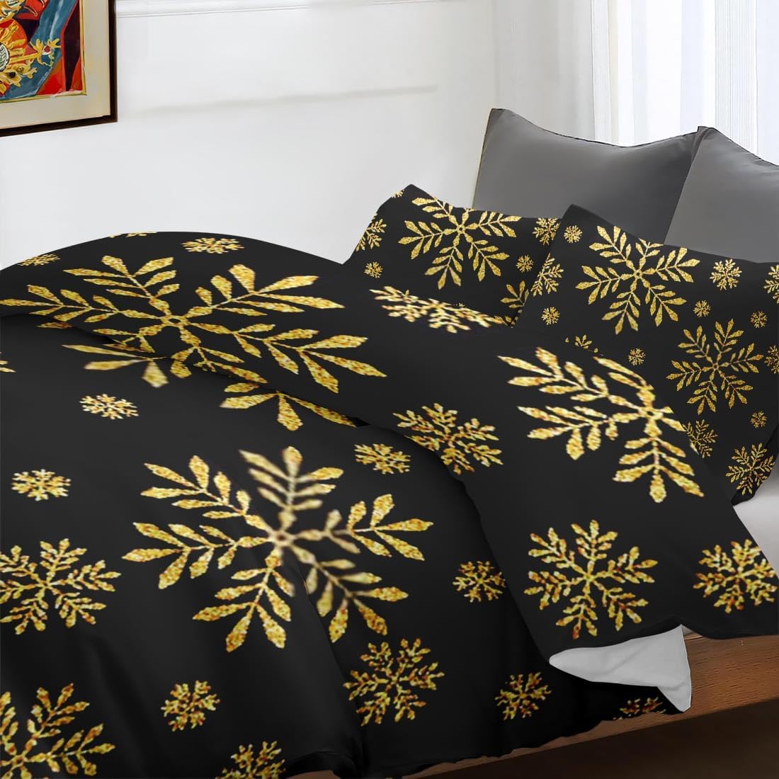 Juego de funda de edredón, diseño de copos de nieve dorados para niños y adultos, decoración de dormitorio, juego de funda de edredón de Navidad con