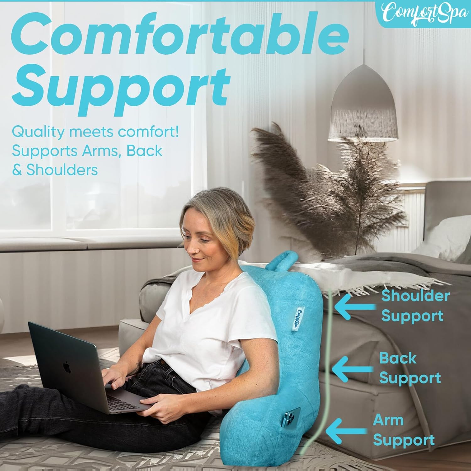 ComfortSpa Almohadas de lectura para sentarse en la cama para adultos, almohada de espalda para sentarse en la cama, brazos, bolsillos y funda