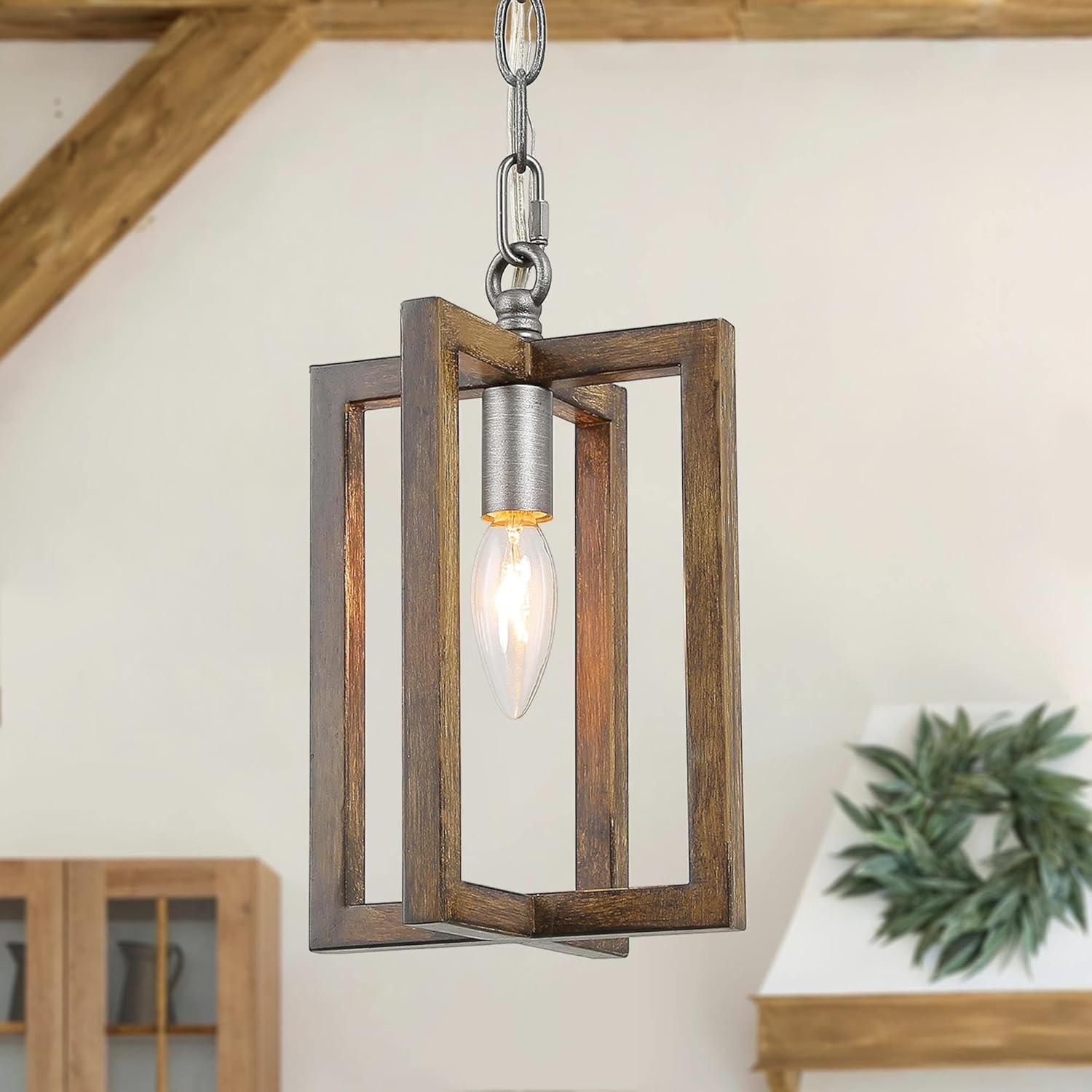 Iluminación colgante de granja, lámpara colgante de metal rústico vintage con acabado cepillado de madera y plata para isla de cocina, comedor,