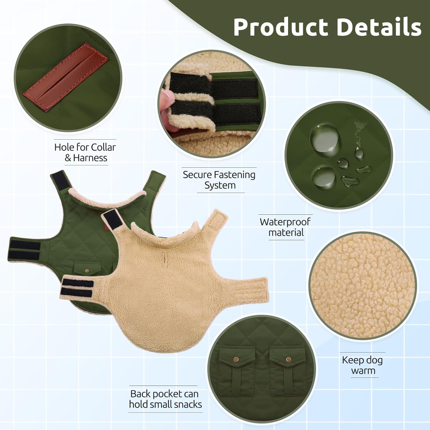 ASENKU Abrigo cálido de invierno para perro, forro polar y cuello alto, chaqueta acolchada con bolsillos, impermeable, ropa para clima frío para