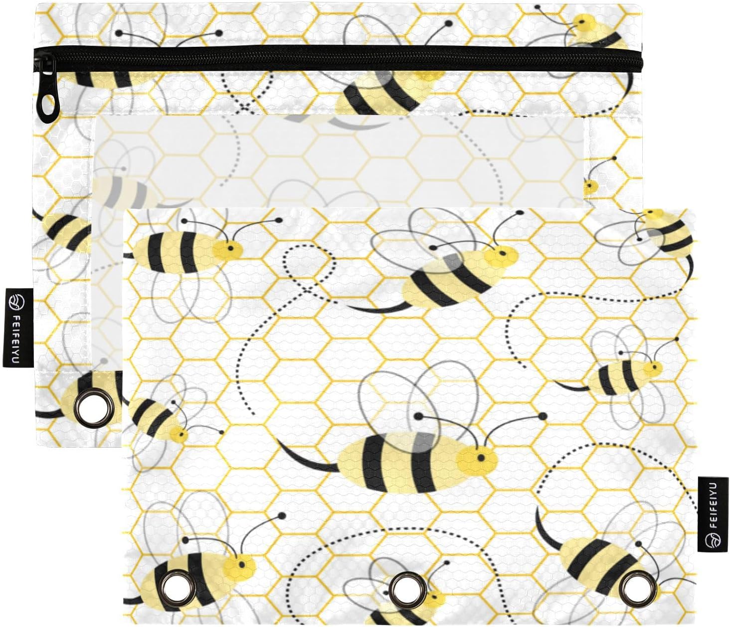 Bolsas para carpetas, lindo diseño de abeja amarilla de dibujos animados para 3 anillas de panales, paquete de 2 bolsas para lápices con ventana