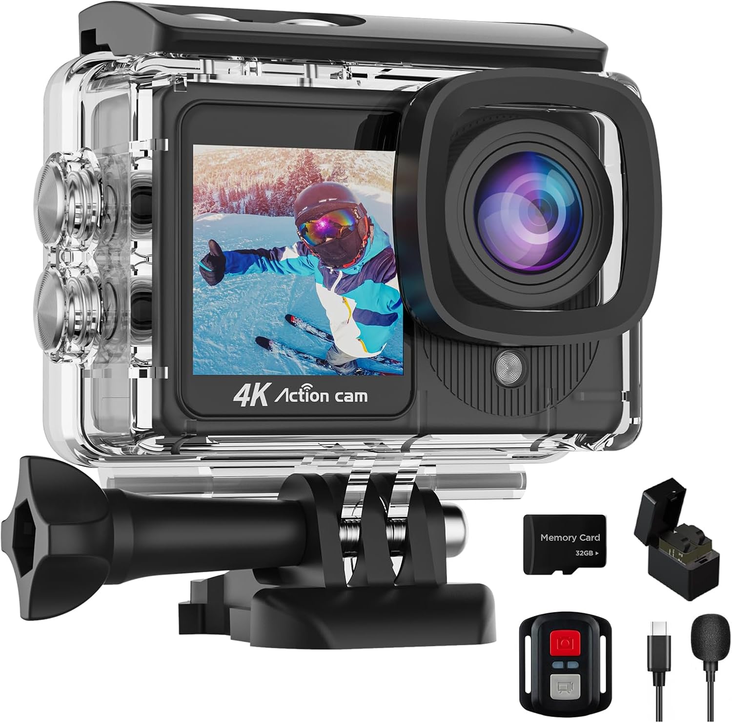 Cámara de acción de doble pantalla 4K30FPS, cámara de video con pantalla táctil HD de 20 MP, cámaras impermeables de 131 pies, control remoto de