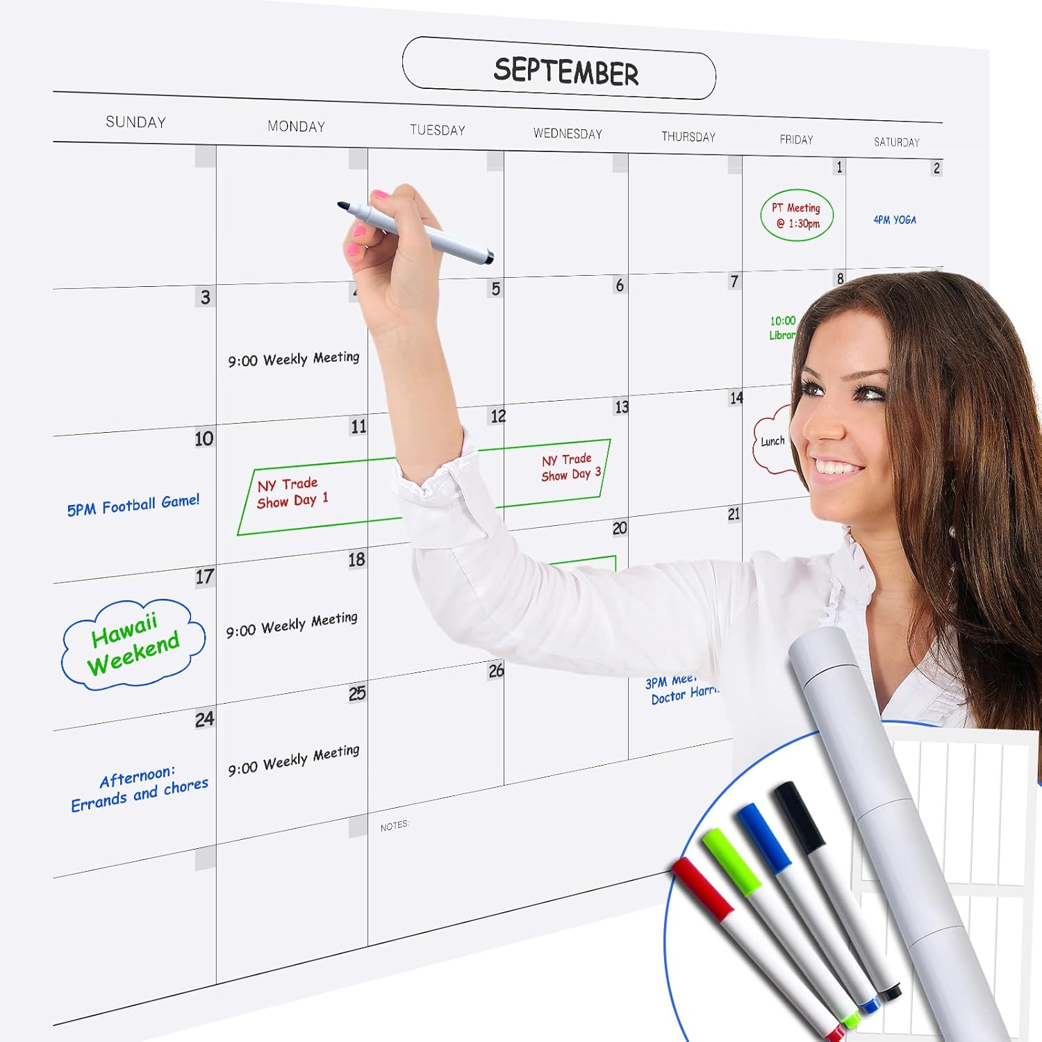 Calendario mensual de pared, calendario grande de borrado en seco y húmedo de 48 x 36 pulgadas para pared, calendario de pared sin fecha, calendario