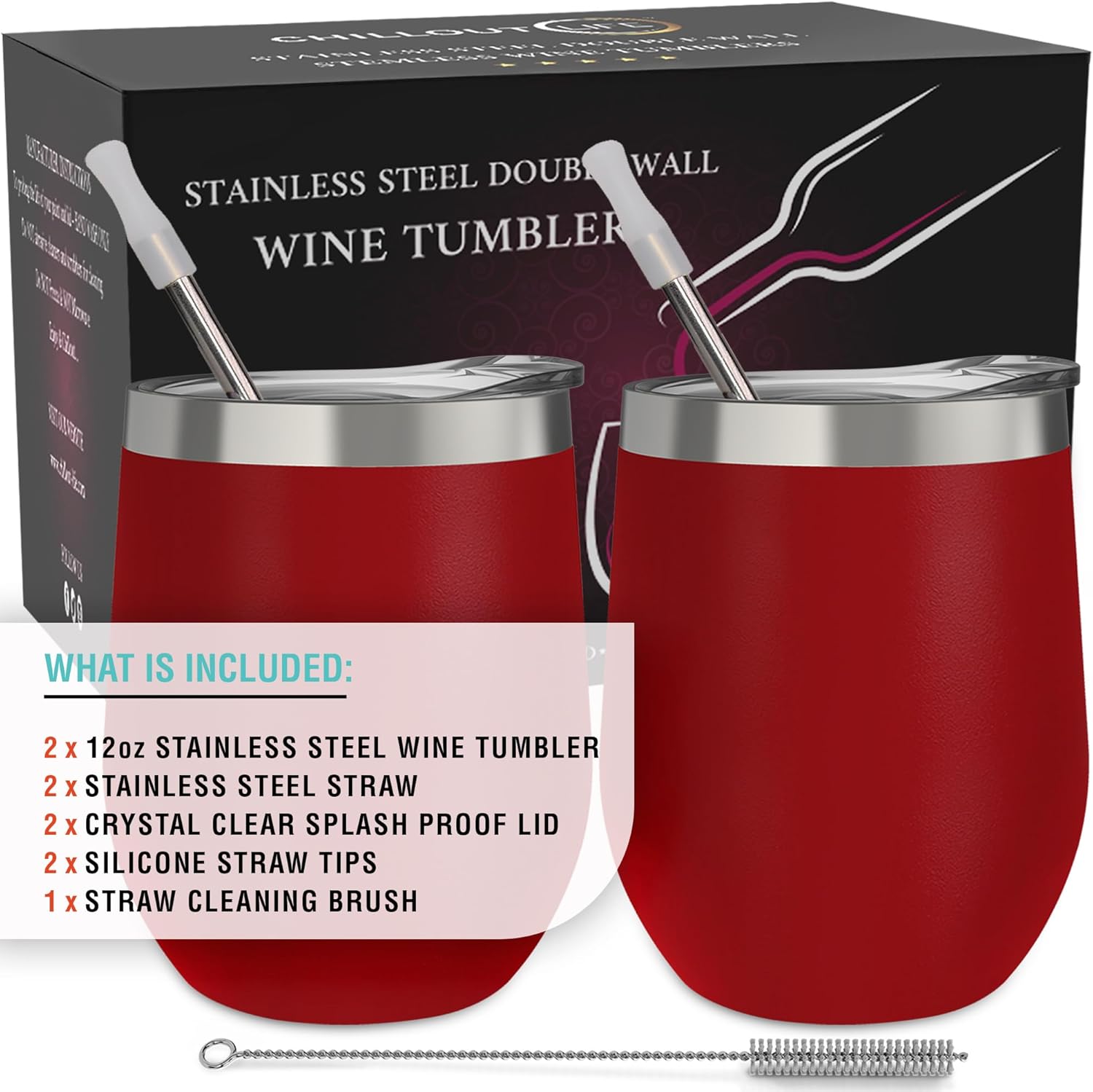 CHILLOUT LIFE Vasos de vino de acero inoxidable, paquete de 2 unidades de 12 onzas, tazas de vino aisladas al vacío de doble pared con tapas y