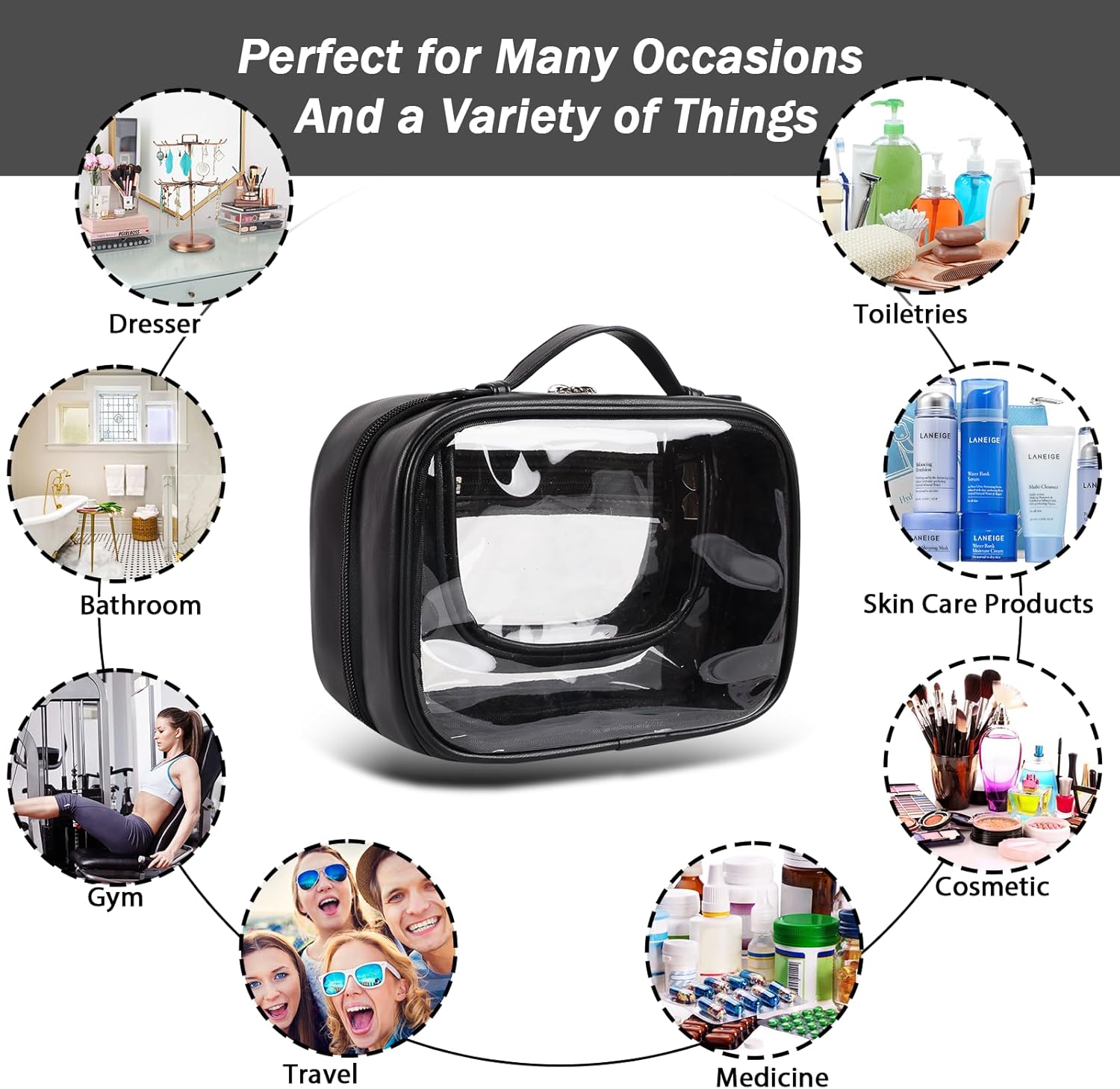 XSUIOY Neceser transparente, bolsa organizadora de maquillaje, bolsas de cosméticos de viaje de gran capacidad con asas, estuche impermeable para