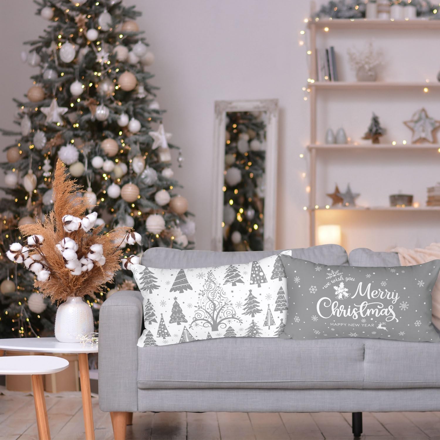 Lanpn Juego de 4 fundas de almohada lumbares de Navidad blancas y grises de 14 x 24 pulgadas, fundas decorativas de cojín de Navidad largas con