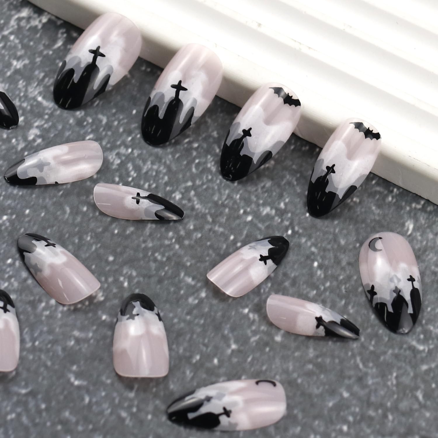Uñas postizas a presión para Halloween, color negro, uñas postizas a presión, color negro, almendra, cobertura completa, pegamento de uñas postizas