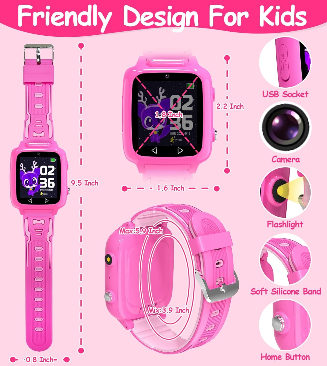 Reloj inteligente para niñas con 25 juegos de rompecabezas, calculadora de video, pantalla táctil HD, reloj despertador, podómetro, relojes para